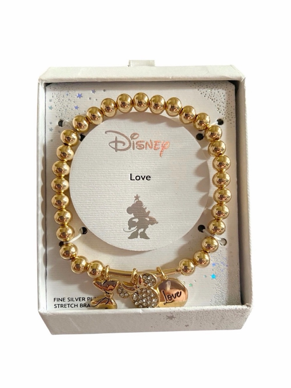 Disney Minnie Mouse Love Charm Bracelet Fine Silver Plated Gold Bead Stretchy